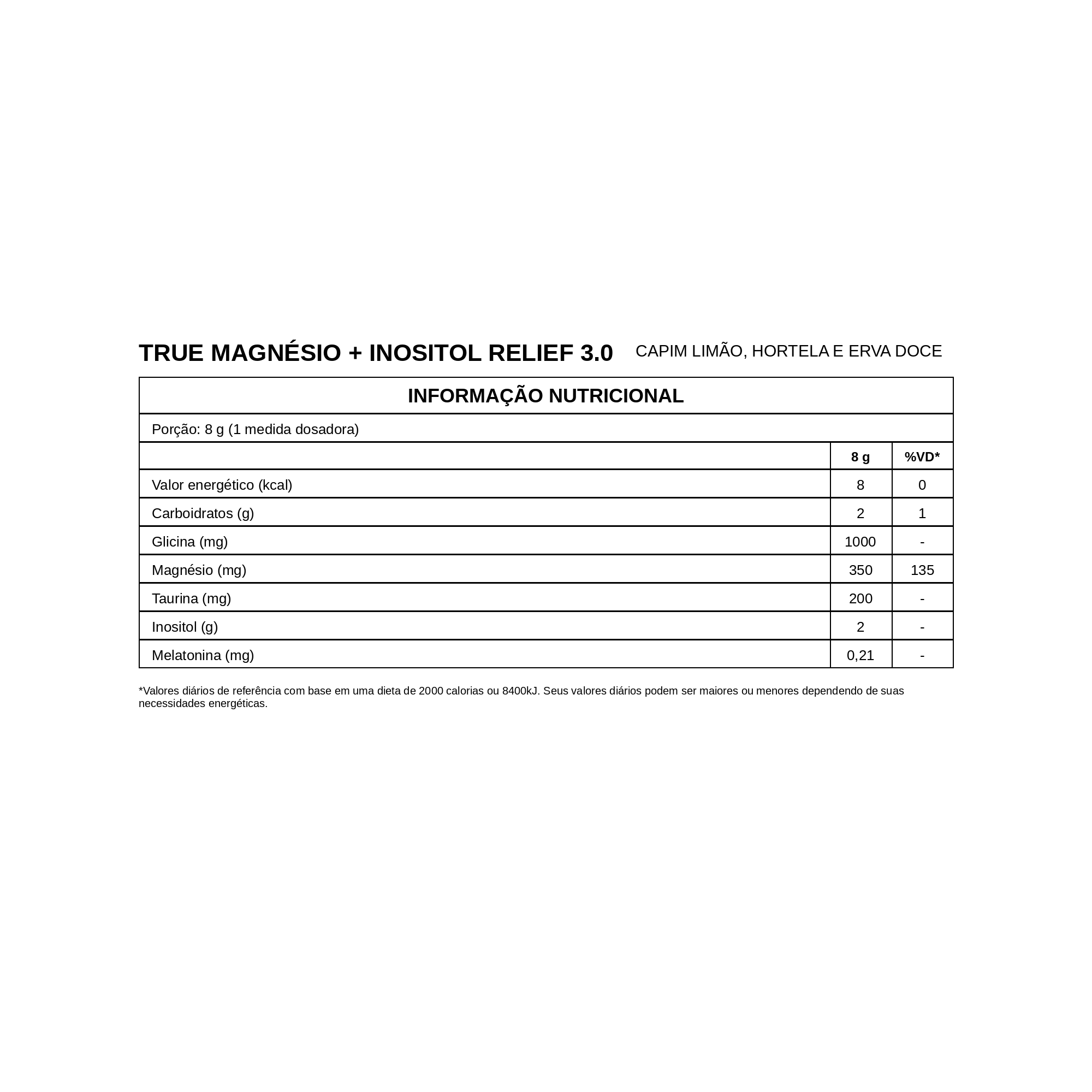 True Magnésio + Inositol Relief 3.0 (Capim Limão, Hortelã e Erva Doce 350g) – True Source